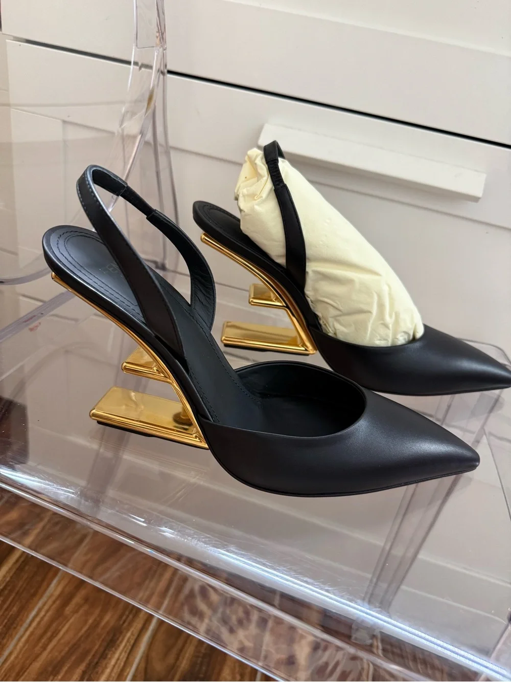 Fendi First Leather Black Slingback Pumps with Gold Heel